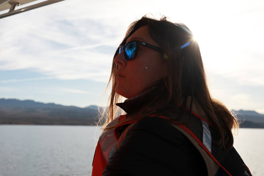 Nichelle Rich, 33, scans the sky for bald eagles at Lake Mead National Recreation Area, Wednesday, Jan. 17, 2018. Survey teams set out at dawn to survey the local bald eagle population as part of  ...