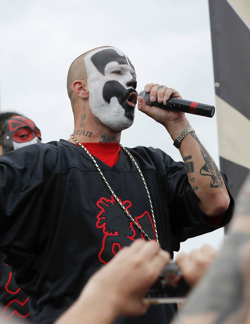 Shaggy 2 Dope, a member of the rap group Insane Clown Posse, speaks to juggalos, as supporters of the group are known, in front of the Lincoln Memorial in Washington during a rally, Saturday, Sept ...
