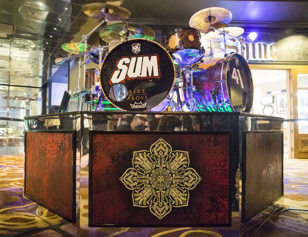 A custom drumkit/art project called Rise Above that artist Shepard Fairey created for Sum 41 drummer Frank Zummo on Friday, February 16, 2018, at The Hard Rock hotel-casino, in Las Vegas. Benjamin ...