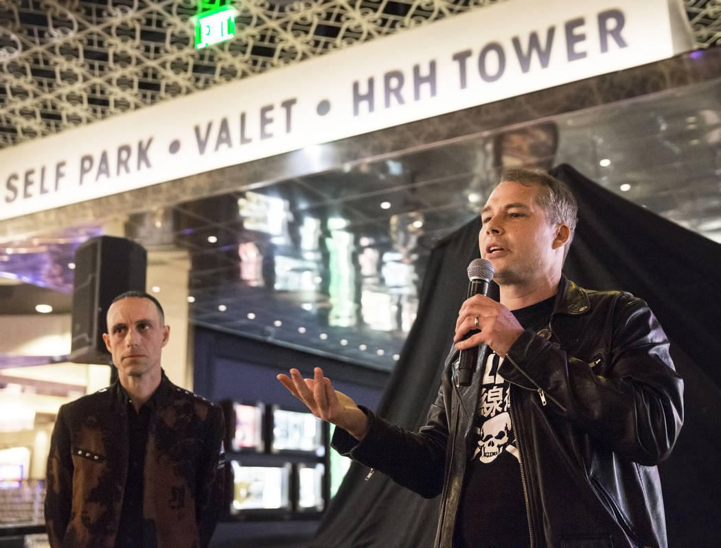 Artist Shepard Fairey, right, and Sum 41 drummer Frank Zummo discuss the creation of custom a drumkit/art project called Rise Above on Friday, February 16, 2018, at The Hard Rock hotel-casino, in  ...