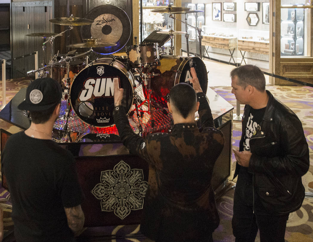 SJC co-founder Mike Ciprary, left, Sum 41 drummer Frank Zummo and artist Shepard Fairey discuss the creation of a custom drumkit/art project called Rise Above on Friday, February 16, 2018, at The  ...