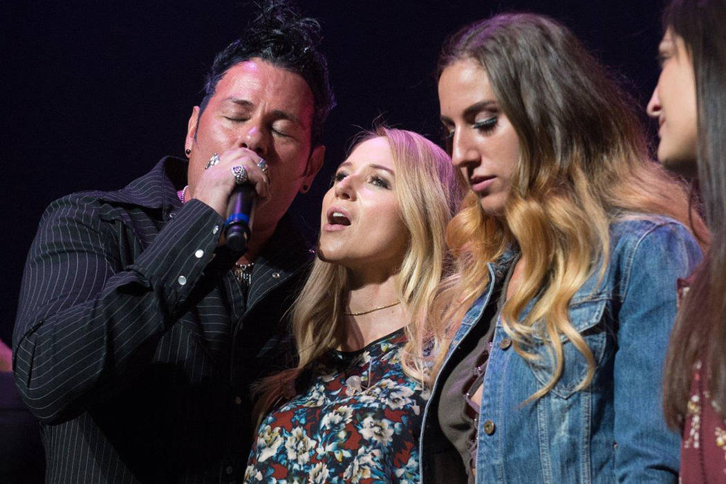 Bryan Hopkins of Elvis Monroe, Jewel and Nicole Ruffino are shown at The Venetian Theatre during "Vegas Cares" on Sunday, Nov. 5, 2017. (Tom Donoghue)