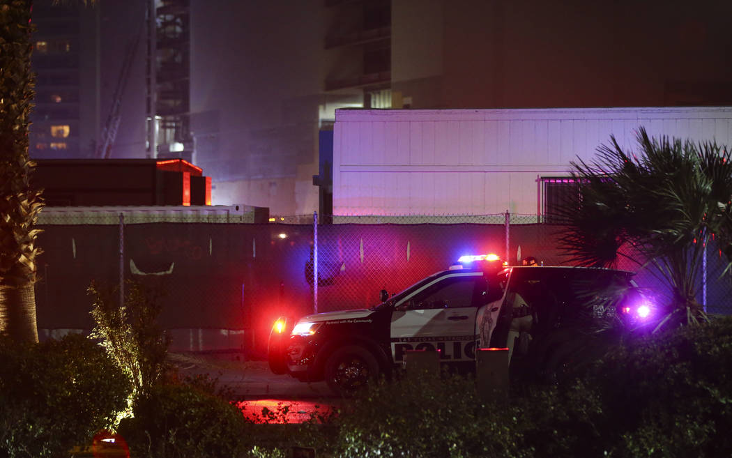 Las Vegas police take a suspect into custody near the scene of a fire at The Drew, formerly the Fontainebleau, in Las Vegas on Thursday, March 1, 2018. Chase Stevens Las Vegas Review-Journal @csst ...