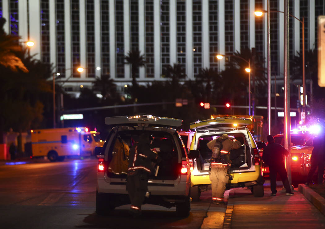 Las Vegas and Clark County firefighters respond to the scene of a fire at The Drew, formerly the Fontainebleau, in Las Vegas on Thursday, March 1, 2018. Chase Stevens Las Vegas Review-Journal @css ...