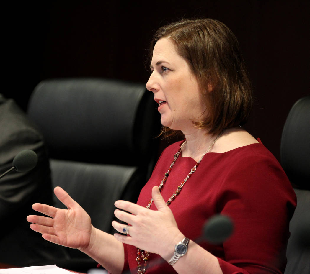 Gaming Control Board chairwoman Becky Harris asks a question of Alex Meruelo who was requisition a gaming license transfer for the SLS in the Sawyer Building in Las Vegas Wednesday, March 7, 2018. ...