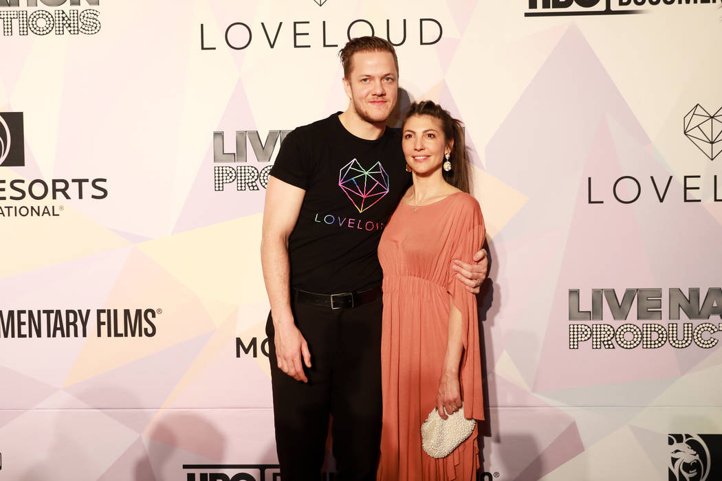 Dan Reynolds and his wife Aja Volkman pose before a VIP screening of "Believer," the documentary by Imagine Dragons frontman, Reynolds, at KA Theatre at MGM Grand in Las Vegas on Thursda ...
