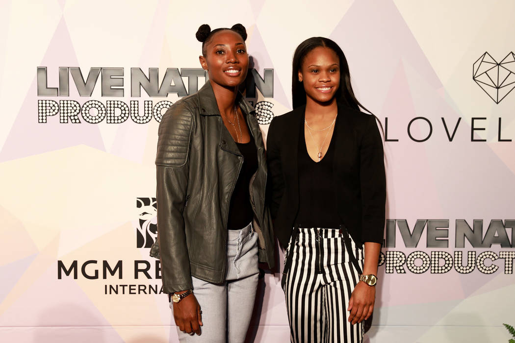 Sequoia Holmes and Moriah Jefferson, both with Las Vegas Aces, pose before a VIP screening of "Believer," the documentary by Imagine Dragons frontman Dan Reynolds, at KA Theatre at MGM G ...