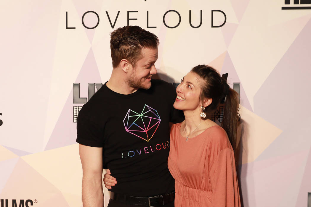 Dan Reynolds, executive producer of "Believer" and Imagine Dragons frontman, and his wife Aja Volkman pose before a VIP screening of his film at KA Theatre at MGM Grand in Las Vegas on T ...
