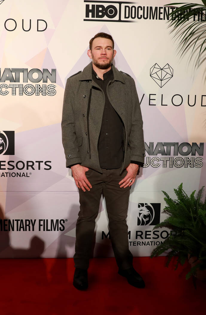 Forrest Griffin, UFC Hall of Famer, poses before a VIP screening of "Believer," the documentary by Imagine Dragons frontman Dan Reynolds, at KA Theatre at MGM Grand in Las Vegas on Thurs ...
