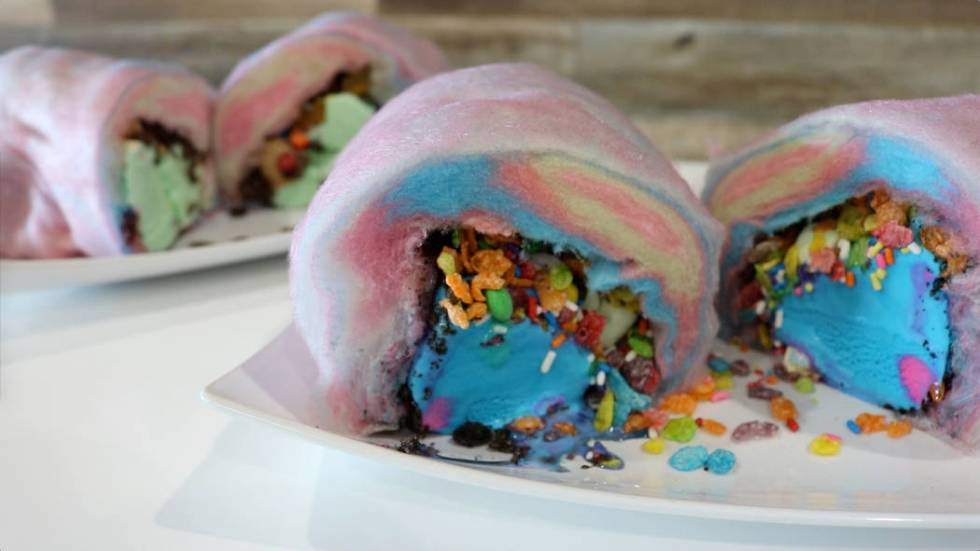 Creamberry’s cotton candy burrito is your choice of ice cream flavor and toppings wrapped in ...