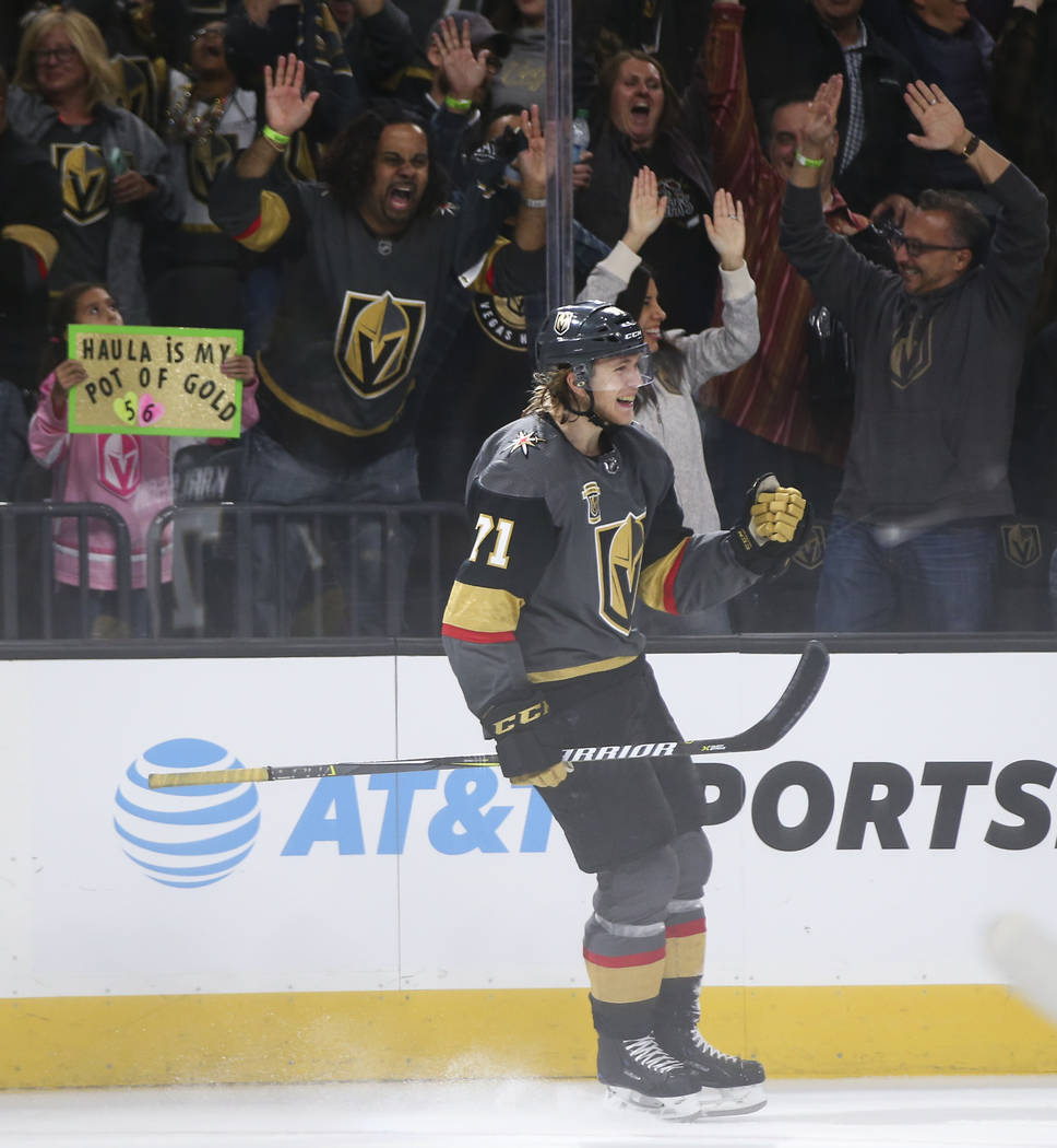 Golden Knights center William Karlsson (71) celebrates his empty-net goal against the Colorado Avalanche in the final moments of the third period of an NHL hockey game at T-Mobile Arena in Las Veg ...