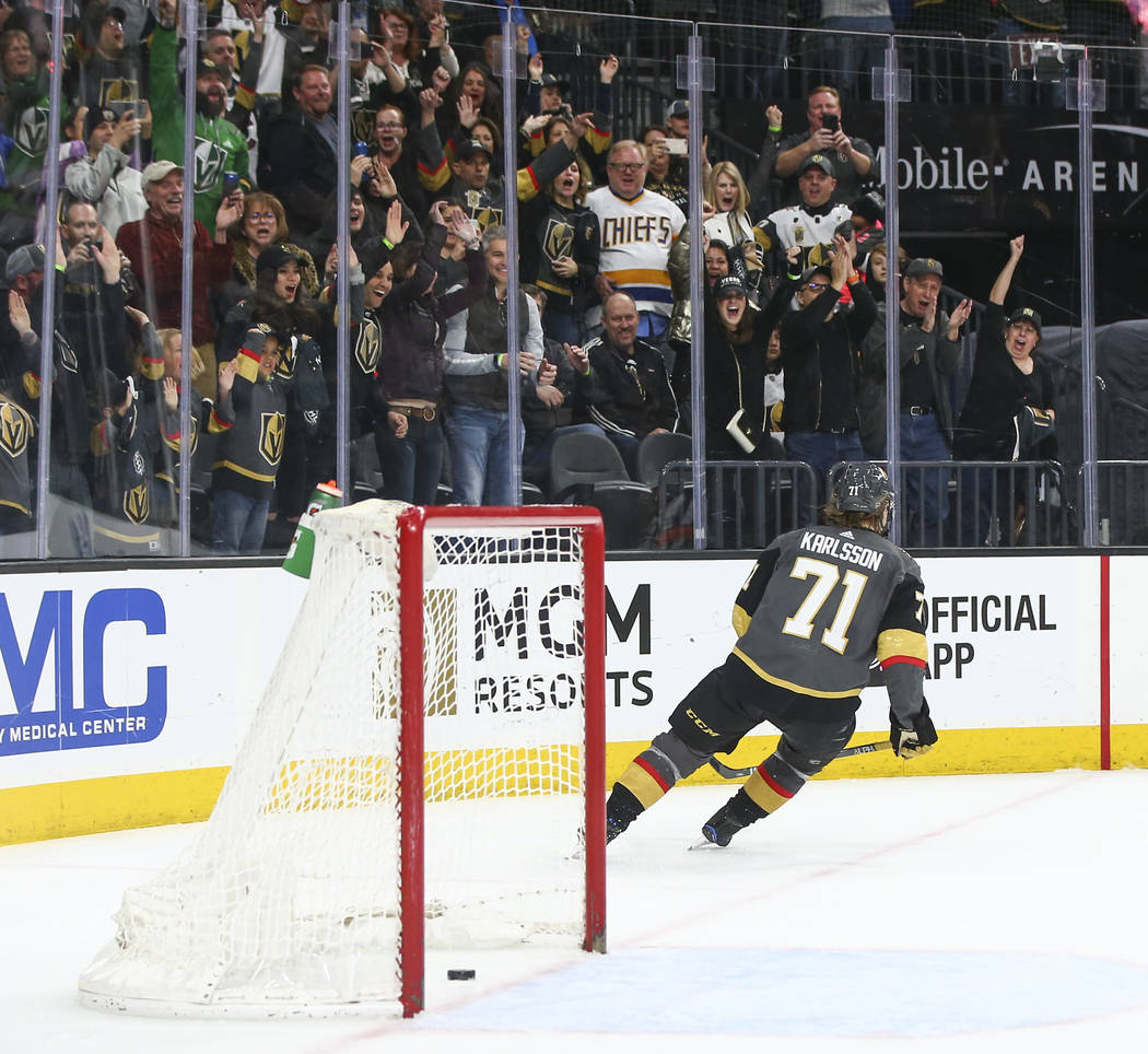 Golden Knights center William Karlsson (71) scores an empty-net goal against the Colorado Avalanche in the final moments of the third period of an NHL hockey game at T-Mobile Arena in Las Vegas on ...