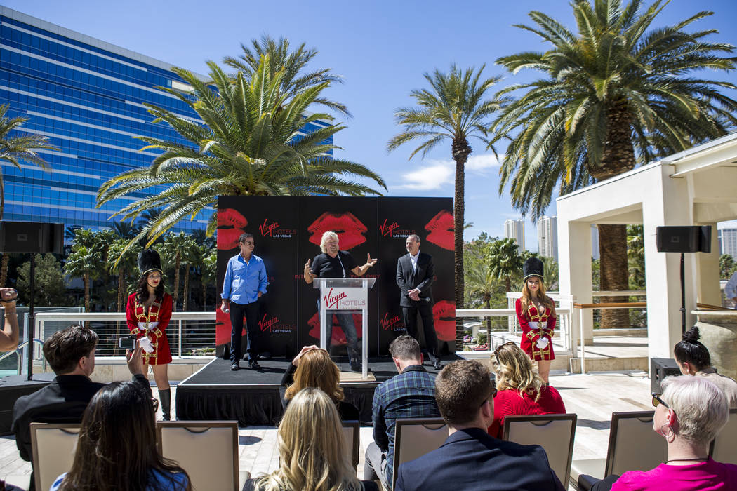 Virgin Group Founder Sir Richard Branson, center, Partner and Property CEO Richard ÒBozÓ Bosworth, center right, and Virgin Hotels CEO Raul Leal take questions during a press conference  ...