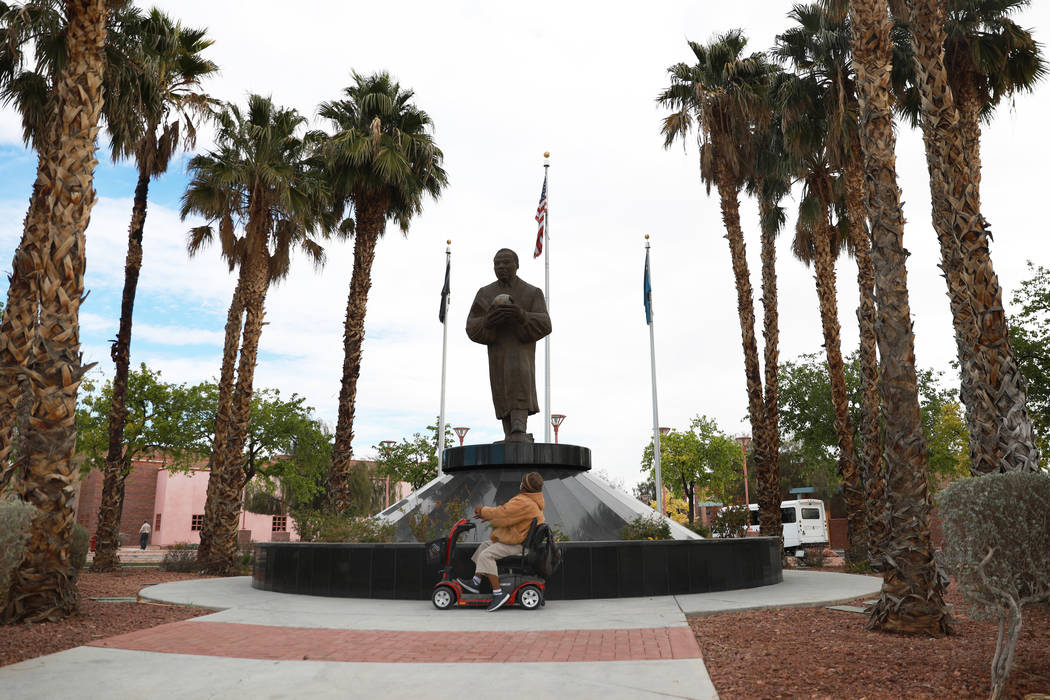 Walter "Mista" Kinchen looks at a Dr. Martin Luther King Statue near the intersection of MLK and Carey in Las Vegas on Wednesday, March 21, 2018. Andrea Cornejo Las Vegas Review-Journal  ...