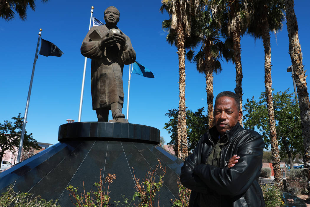 Clark County Commissioner Lawrence Weekly in front of the Martin Luther King Jr. statue, near the intersection of Martin Luther King Boulevard and Carey Avenue in North Las Vegas, on Monday, March ...