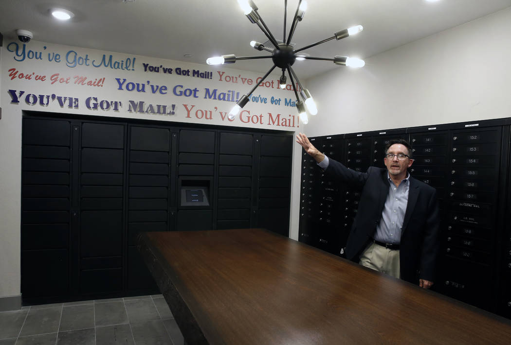 Wayne Laska, developer of the Mercer apartment complex, leads a tour of the mailroom at the Mercer apartment complex on Monday, April 2, 2018, in Las Vegas.  (Bizuayehu Tesfaye/Las Vegas Review-Jo ...
