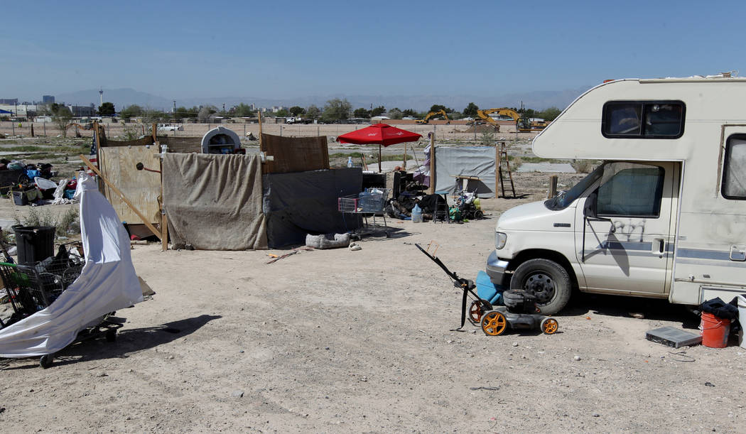 A homeless camp adjacent to an unfinished subdivision on East Lake Mead Boulevard at Dolly Lane between Lamb and Nellis boulevards Tuesday, April 3, 2018. K.M. Cannon Las Vegas Review-Journal @KMC ...