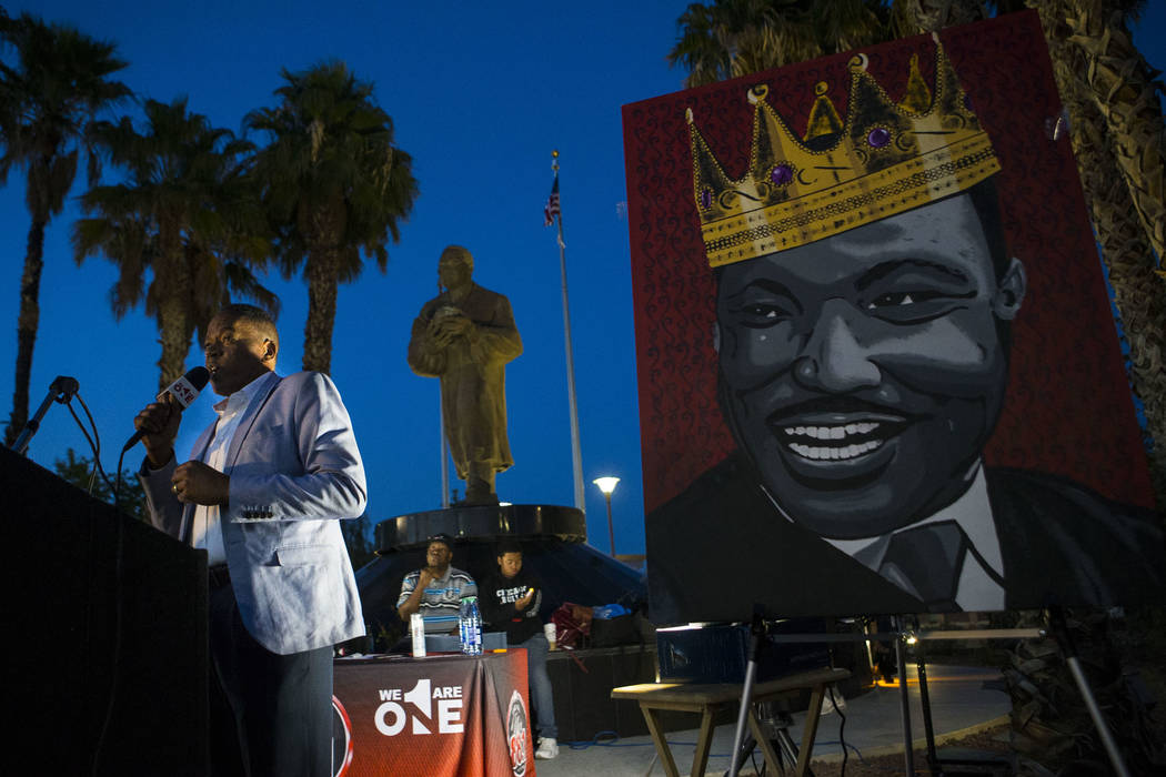Clark County Commissioner Lawrence Weekly speaks during a vigil held in honor of Dr. Martin Luther King Jr. at the statue made in his memory in North Las Vegas on Wednesday, April 4, 2018. Chase S ...