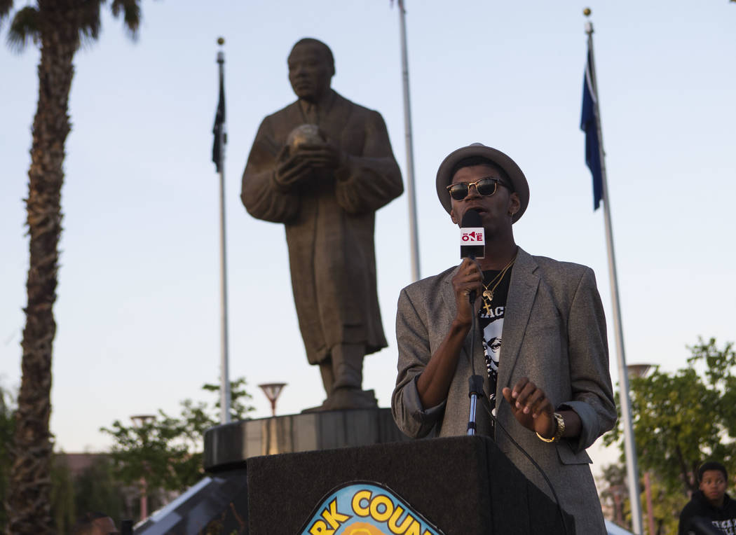 Minister Stretch Sanders speaks during a vigil held in honor of Dr. Martin Luther King Jr. at the statue made in his memory in North Las Vegas on Wednesday, April 4, 2018. Chase Stevens Las Vegas  ...