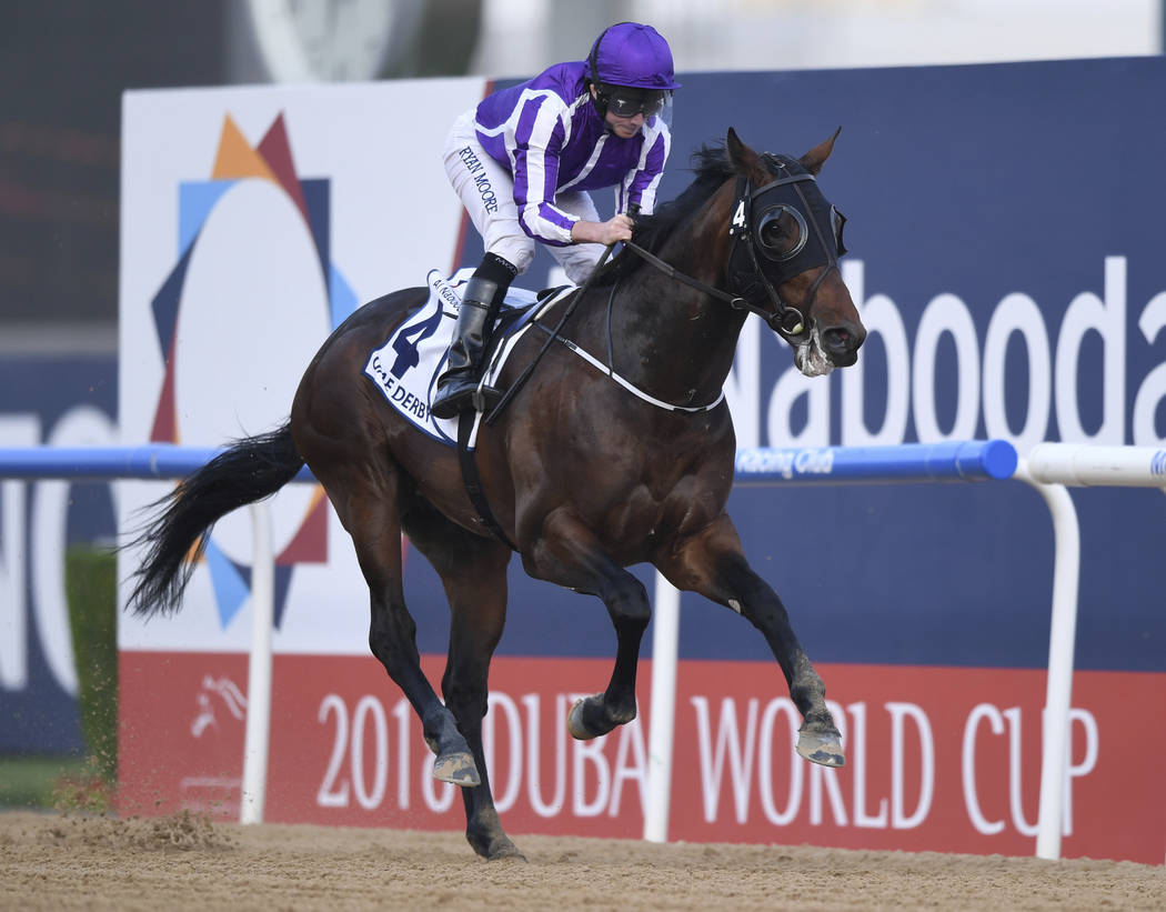 Mendelssohn with jockey Ryan Moore aboard wins the $2 million Group 2 UAE Derby over 1900m in Dubai, the United Arab Emirates, Saturday, March 31, 2018. (AP Photo/Martin Dokoupil)