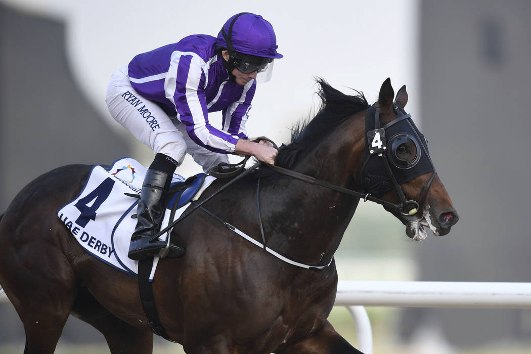 Mendelssohn with jockey Ryan Moore wins the $2 million Group 2 UAE Derby over 1900m in Dubai, the United Arab Emirates, Saturday, March 31, 2018. (AP Photo/Martin Dokoupil)
