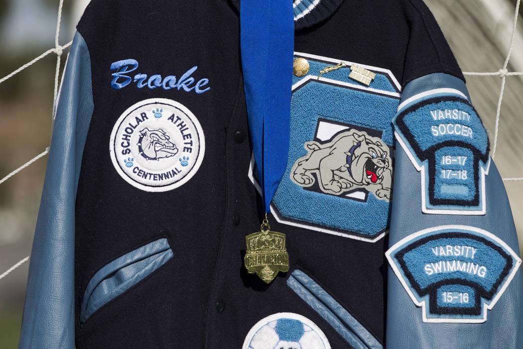 The letterman jacket of Brooke Hawley is displayed during a press conference announcing a memorial scholarship named after her at the Bettye Wilson Soccer Complex in Las Vegas, Tuesday, April 10,  ...