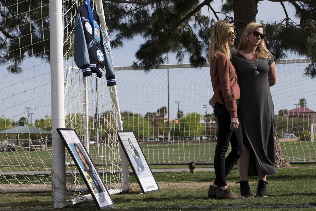 Heather Hawley, left, and her mother Rhonda, speak during an interview following a press conference announcing the Brooke Hawley Memorial Scholarship, at the Bettye Wilson Soccer Complex in Las Ve ...
