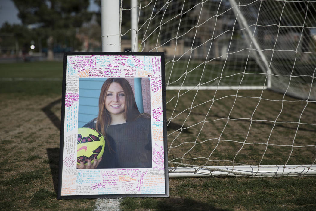 A picture of Brooke Hawley is displayed during a press conference announcing a memorial scholarship named after her at the Bettye Wilson Soccer Complex in Las Vegas, Tuesday, April 10, 2018. Hawle ...