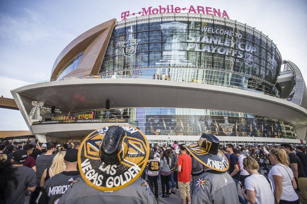 Fans file into T-Mobile Arena before the start of the Golden Knights first round playoff game with the Los Angeles Kings at Toshiba Plaza on Wednesday, April 11, 2018, in Las Vegas. Benjamin Hager ...