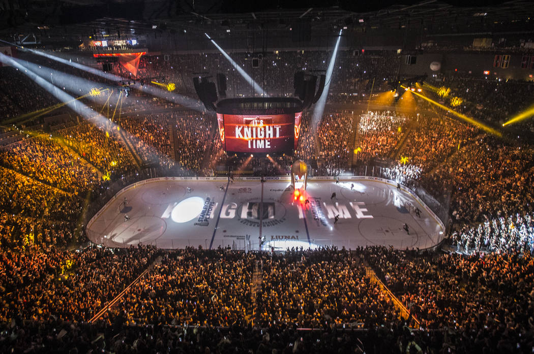 The Golden Knights and Los Angeles Kings take the ice before the start of game one of their first round playoff series on Wednesday, April 11, 2018, at T-Mobile Arena, in Las Vegas. Benjamin Hager ...