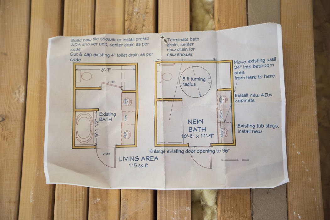 The remodel plan for the bathroom of Ed Wiesing in Las Vegas, Thursday, April 12, 2018. Guns to Hammers, a veteran support group, is helping Wiesing, a military veteran, remodel his home to make i ...