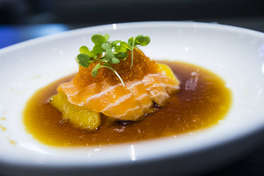 Orange salmon at Sapporo Revolving Sushi in Las Vegas on Wednesday, April 25, 2018. Chase Stevens Las Vegas Review-Journal @csstevensphoto