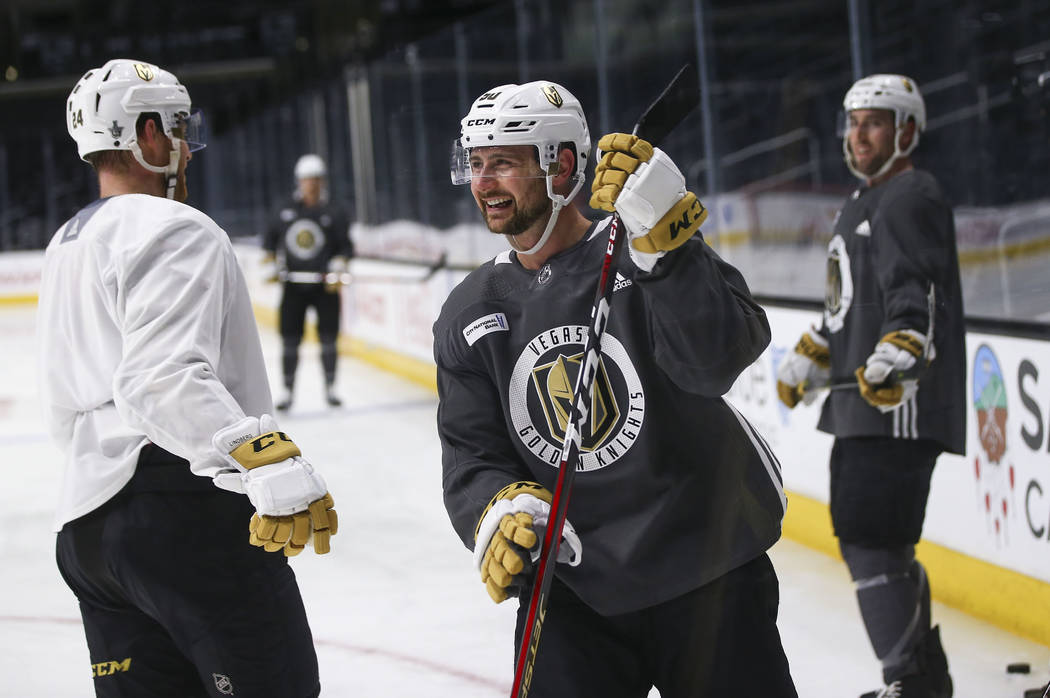 Golden Knights left wing Tomas Tatar, center, during practice ahead of Game 4 against the Los Angeles Kings, slated for Tuesday, at the Staples Center in Los Angeles on Monday, April 16, 2018. Cha ...