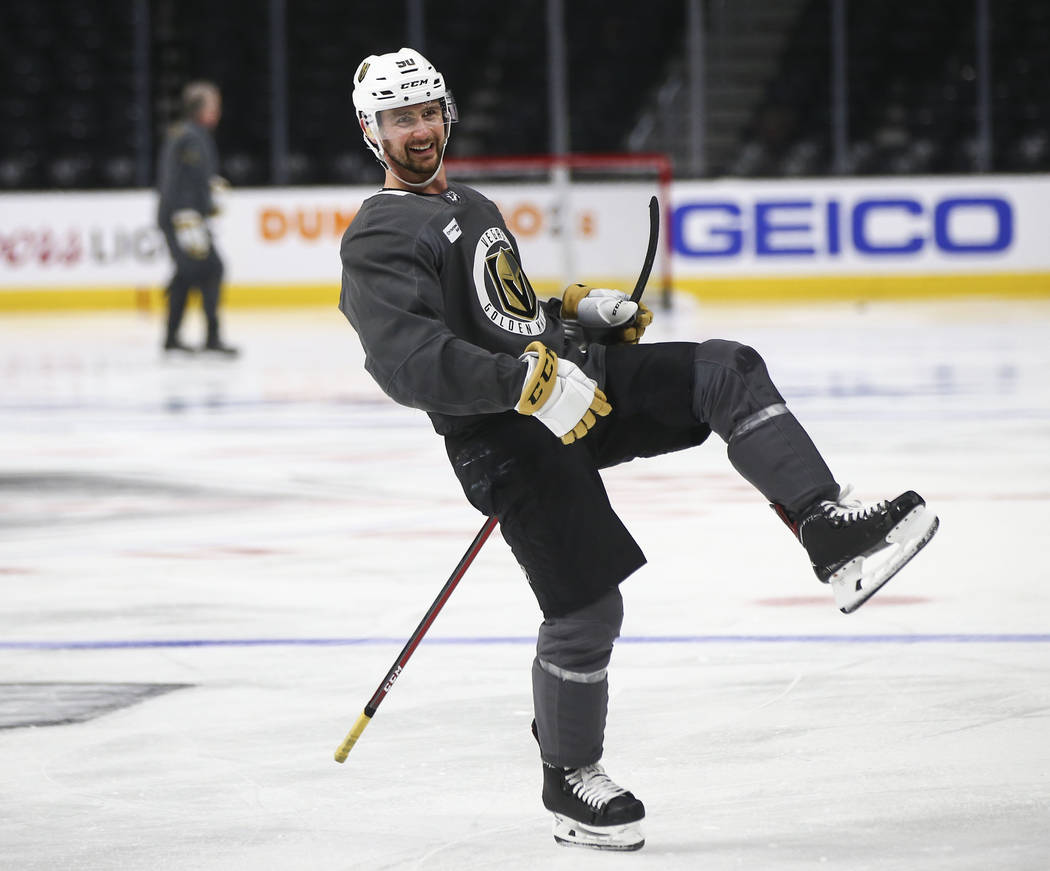 Golden Knights left wing Tomas Tatar reacts during practice ahead of Game 4 against the Los Angeles Kings, slated for Tuesday, at the Staples Center in Los Angeles on Monday, April 16, 2018. Chase ...
