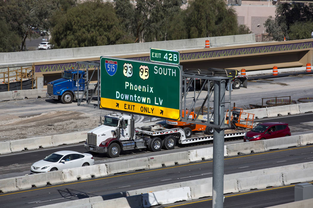 Vehicles travel through the Spaghetti Bowl freeway interchange during NDOT's Project Neon freeway expansion in downtown Las Vegas on Tuesday, March 13, 2018. (Richard Brian/Las Vegas Review-Journa ...