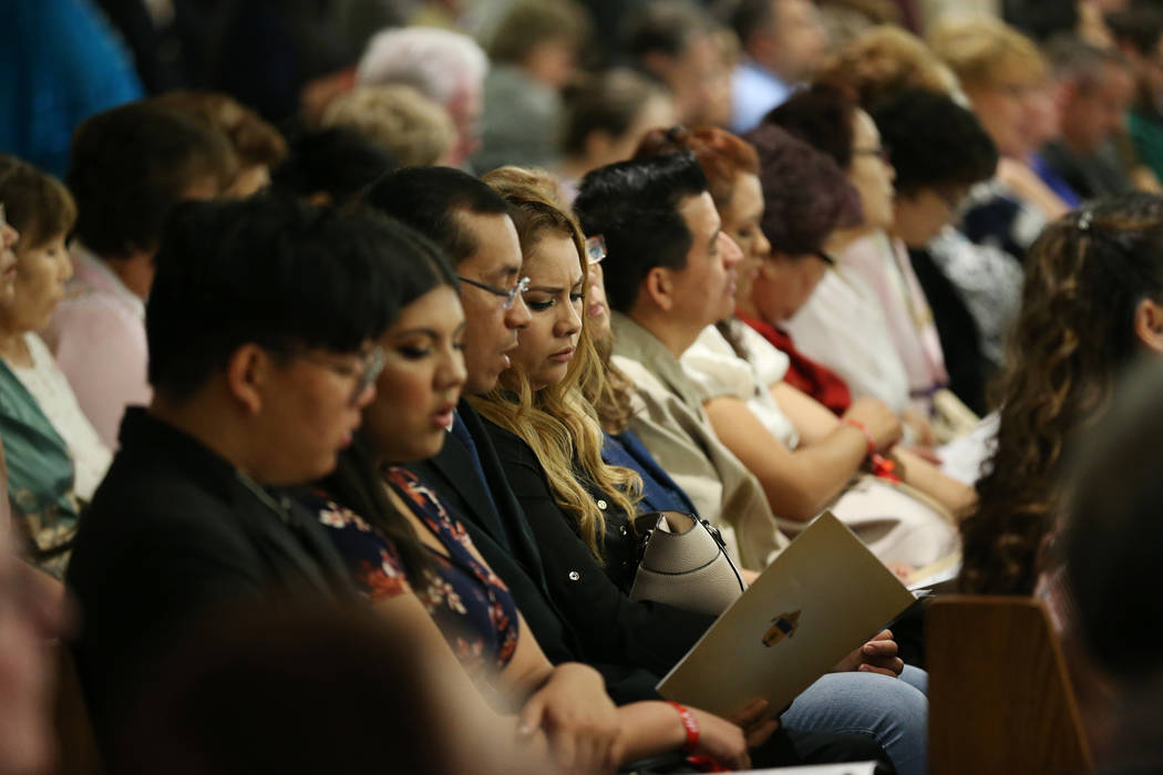 People attend the installation of Rev. George Leo Thomas as the third Bishop of Las Vegas, at The Shrine of the Most Holy Redeemer in Las Vegas, Tuesday, May 15, 2018. Erik Verduzco Las Vegas Revi ...