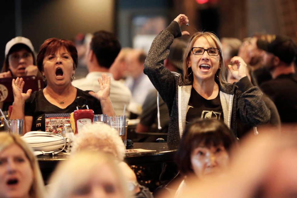 Kristina Byrd, of Las Vegas, cheers on the Vegas Golden Knights during the second game of the W ...