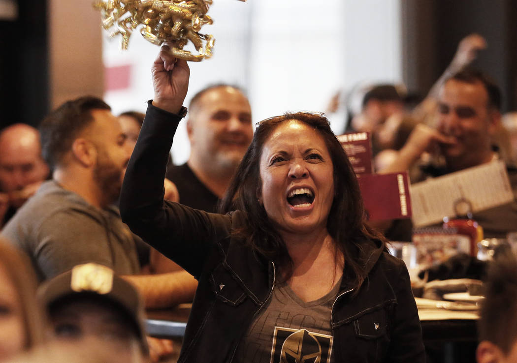 Marie Fuentes, of Las Vegas, cheers during the Vegas Golden Knights' second game of the Western ...