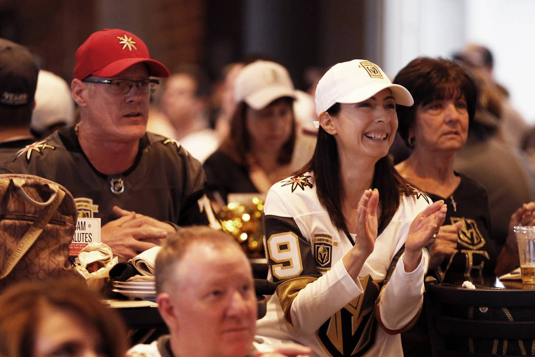 Roselina Trombley, of Las Vegas, cheers during the Vegas Golden Knights' second game of the Wes ...