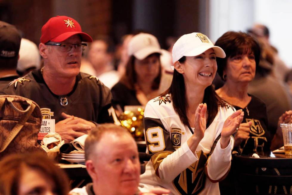 Roselina Trombley, of Las Vegas, cheers during the Vegas Golden Knights' second game of the Wes ...