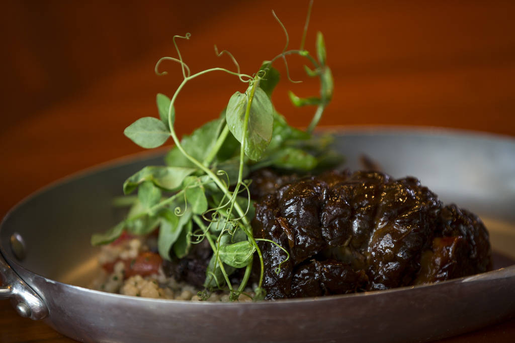 Lamb shank with Sardinian couscous, radicchio and anchovy lemon vinaigrette at Masso Osteria inside Red Rock Casino in Las Vegas on Monday, May 21, 2018. Richard Brian Las Vegas Review-Journal @ve ...