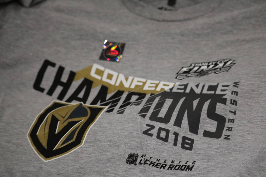 Golden Knights Conference Champions merchandise on display The Arsenal Pro Shop at City National Arena in Las Vegas, Monday, May 21, 2018. Madelyn Reese/Las Vegas Review-Journal