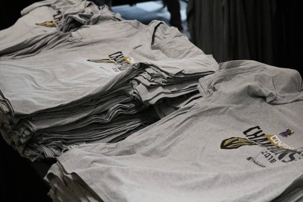 Stacks of Golden Knights Conference Champions shirts on display The Arsenal Pro Shop at City National Arena in Las Vegas, Monday, May 21, 2018. Madelyn Reese/Las Vegas Review-Journal