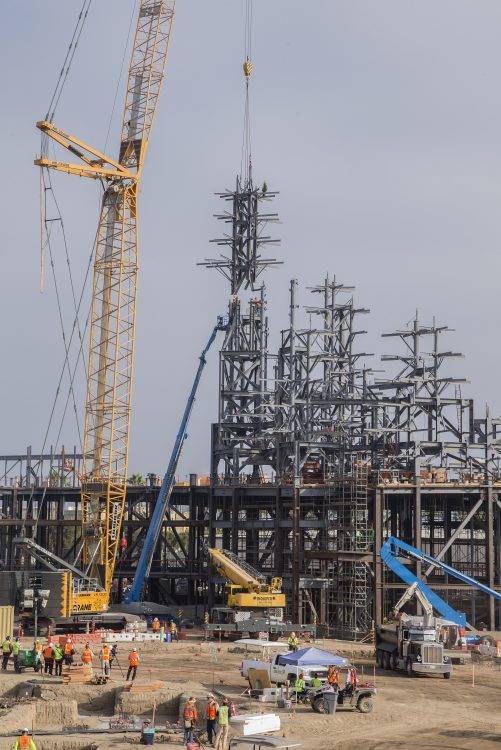 On August 21, 2017, construction teams installed the highest steel beam for Star Wars: Galaxy’s Edge, a new Star Wars-themed land coming to Disneyland Resort in Anaheim, Calif., in 2019. (Rob S ...