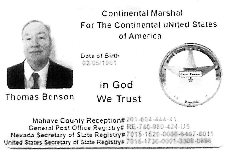 Thomas Benson, who was given probation in May for filing bogus real estate paperwork in Las Vegas, is seen in this "Continental Marshal" ID card. (Clark County District Court)