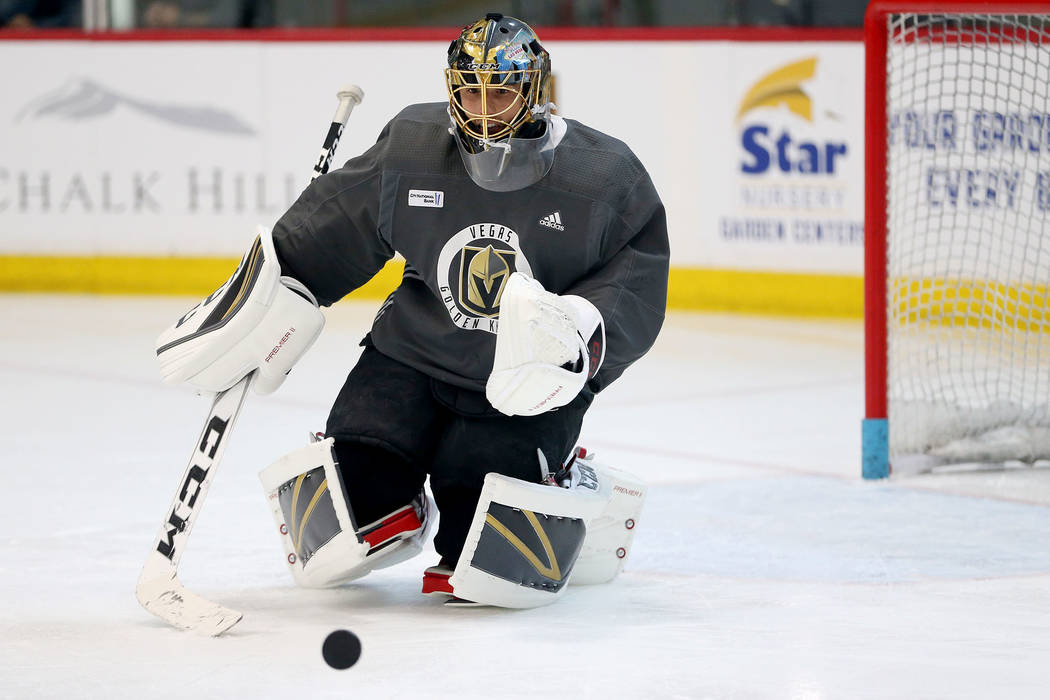 Vegas Golden Knights goaltender Marc-Andre Fleury (29) defends the goal during a team practice at City National Arena in Las Vegas, Thursday, May 24, 2018. Erik Verduzco Las Vegas Review-Journal @ ...