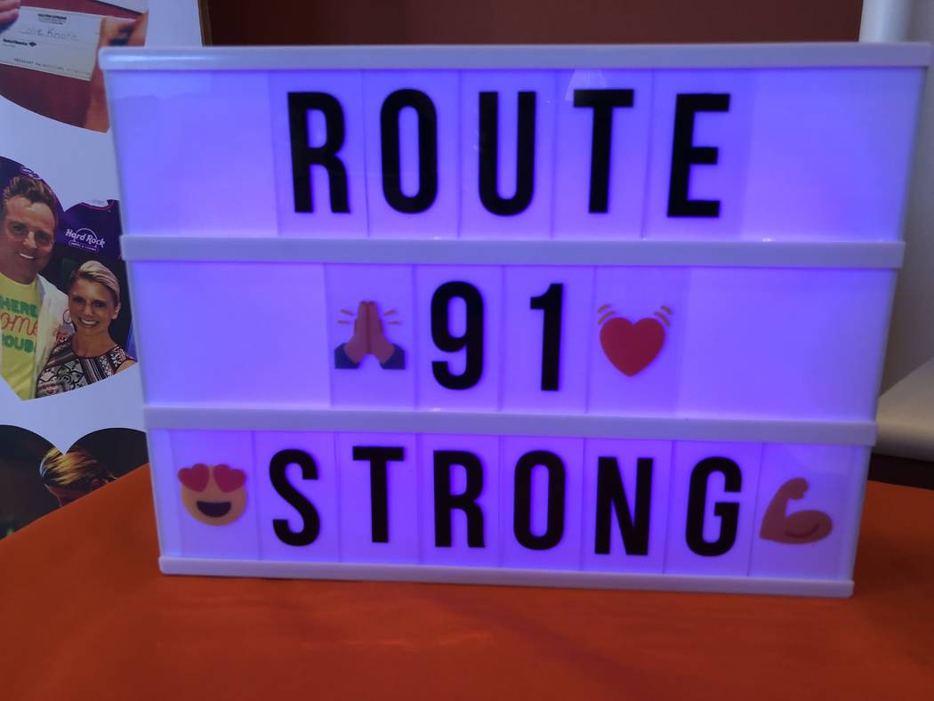 A sign advertising Route 91 Strong, a nonprofit supporting survivors of the Oct. 1 shooting and gun violence. The organization has raised close to $300,000 total for survivors of the shooting, and ...