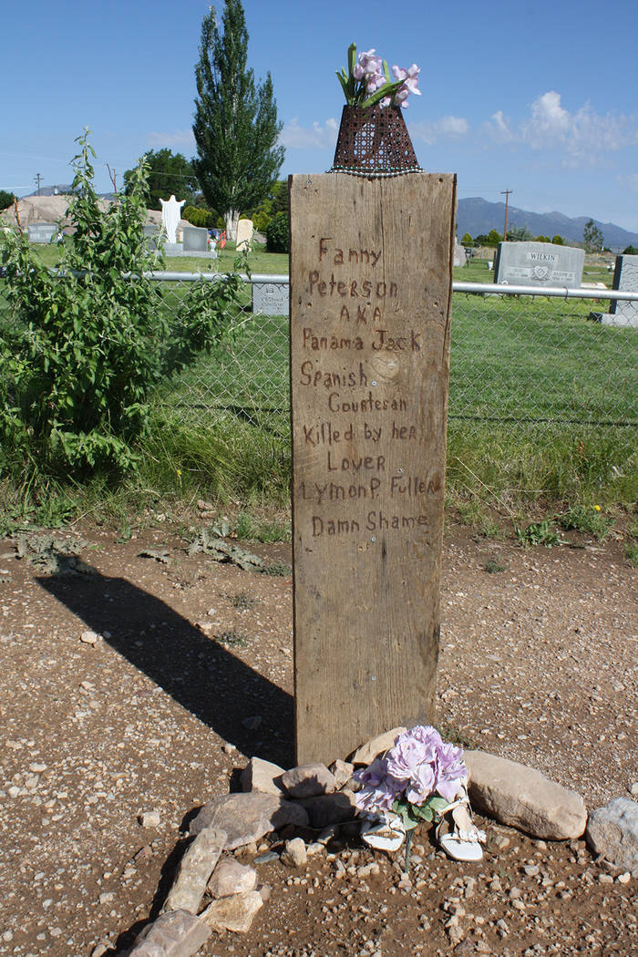 A headstone in “Boot Hill” reads “Fanny Peterson AKA Panama Jack, Spanish courtesan killed by her lover Lyman P. Fuller, Damn Shame.” (Deborah Wall)