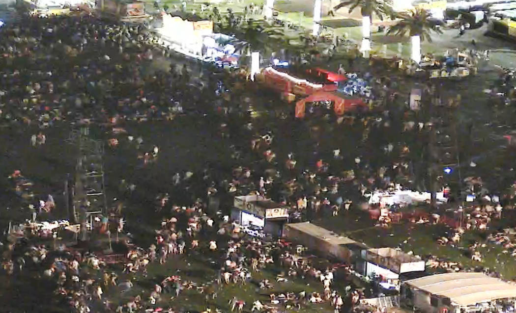 Video from the night of the Oct. 1 shooting at the Route 91 Harvest festival via a camera from Mandalay Bay shows the crowd fleeing the festival grounds. (Las Vegas Metropolitan Police Department)