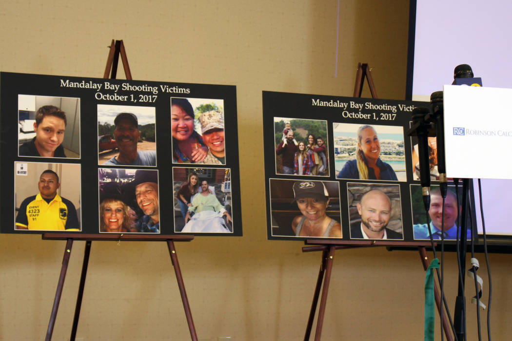 Posters depicting victims from the Oct. 1 mass shooting on the Las Vegas Strip were displayed at a press conference for victims on Monday, July 23, 2018 at Newport Beach Marriott Bayview. The vict ...